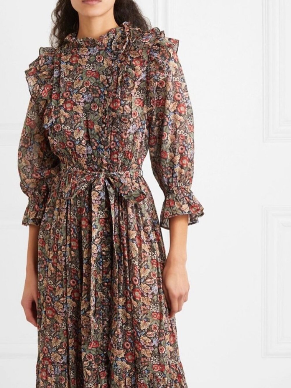 DΓ΄en Doen Esme Ruffled Floral Print Cotton Voile Maxi Dress medium m midi